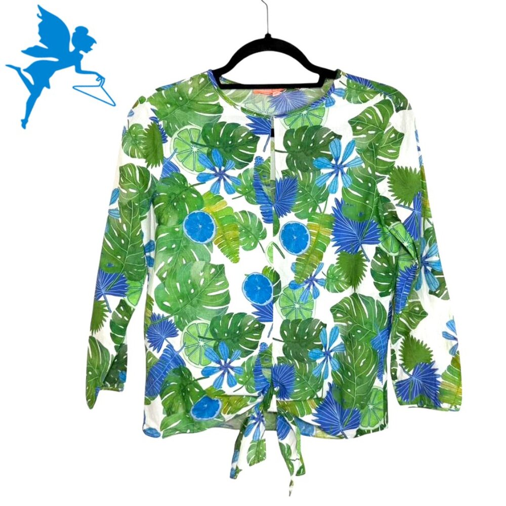 VILAGALLO Cotton Tropical Print Tie Front Top
